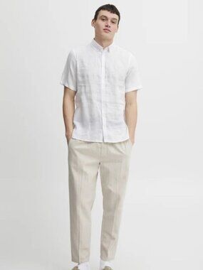 Casual Friday Men's 100% Linen Short Sleeve Button Down Shirt White Small